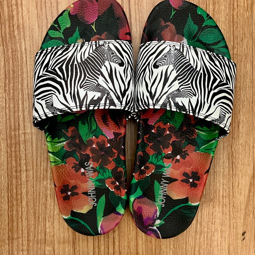 Johnny Was Floral & Zebra Slide Sandals - Green, Black, White, Red